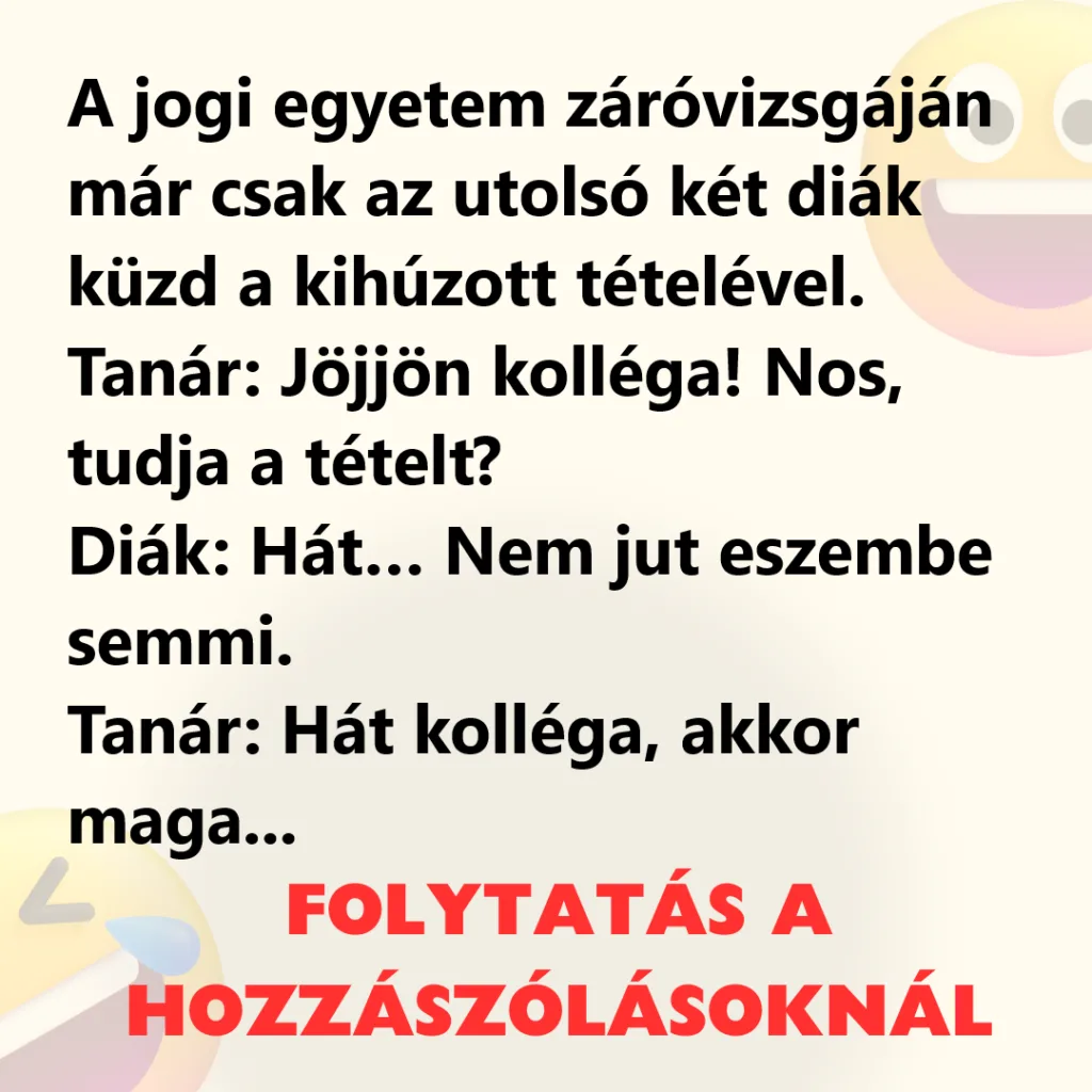 Vicc: Jogi egyetem záróvizsgáján, már csak az utolsó két diák...